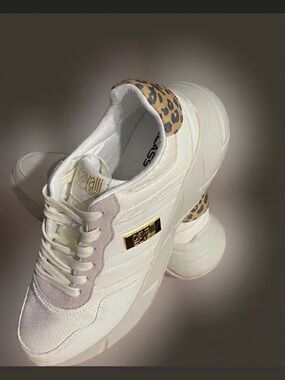 Cavalli Class White Sneakers with Leopard Heel and Gold Plaque